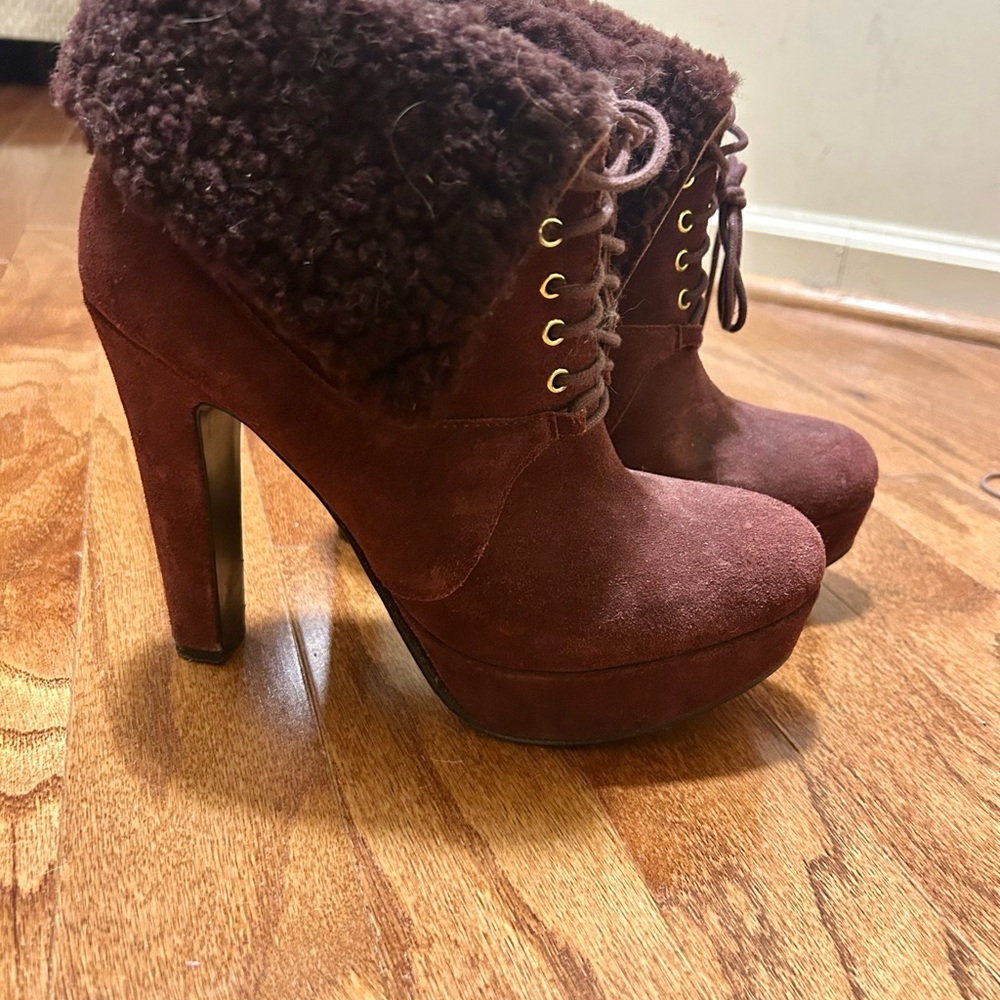 Pour La Victoire Burgundy Suede and Shearling Platform Ankle Boots